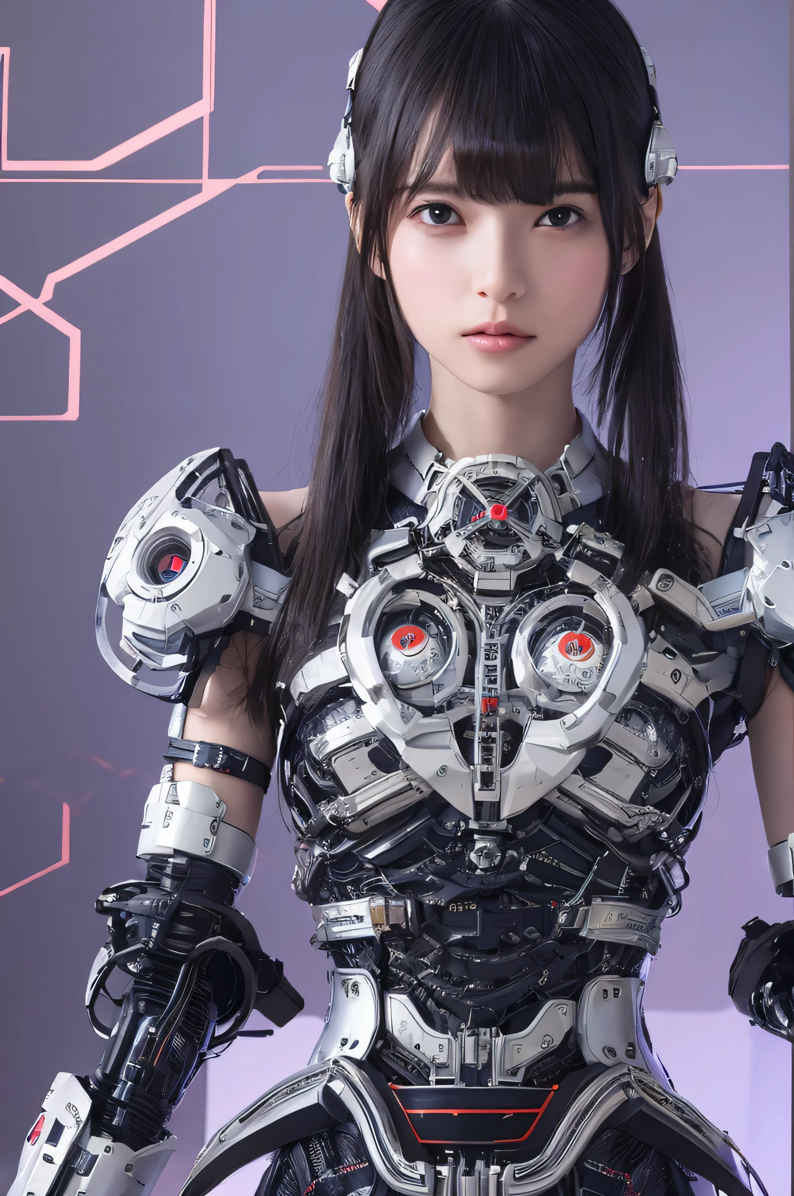 highest quality, masterpiece, Ultra-high resolution, (Realistic: 1.4), RAW Photos, 1 girl, Black Hair, Shiny skin, 1 Mechanical Girl, (Ultra-Realistic Details)), Portraiture, Global Illumination, Shadow, Octane Rendering, 8k, Ultra Sharp, big, Bare skin exposed from cleavage, Metal, Exquisite decorative details, More about Japan, Very intricate details, Realistic Light, CGSoation Trend, Purple eyes, Glowing Eyes, To the camera, Neon Details, Mechanical Limbs, Blood vessels connected to tubes, Mechanical vertebrae attached to the back, Mechanical cervical attachment to the neck, Sitting, Wires and cables connected to the head, Gundam, Small LED Lamp,