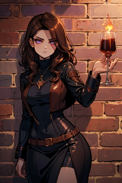 A brown haired female witch with copper eyes and an hourglass figure in a leather jacket and a Gothic t-shirt dress is posing on a brick wall with a purple pendant in her hands.