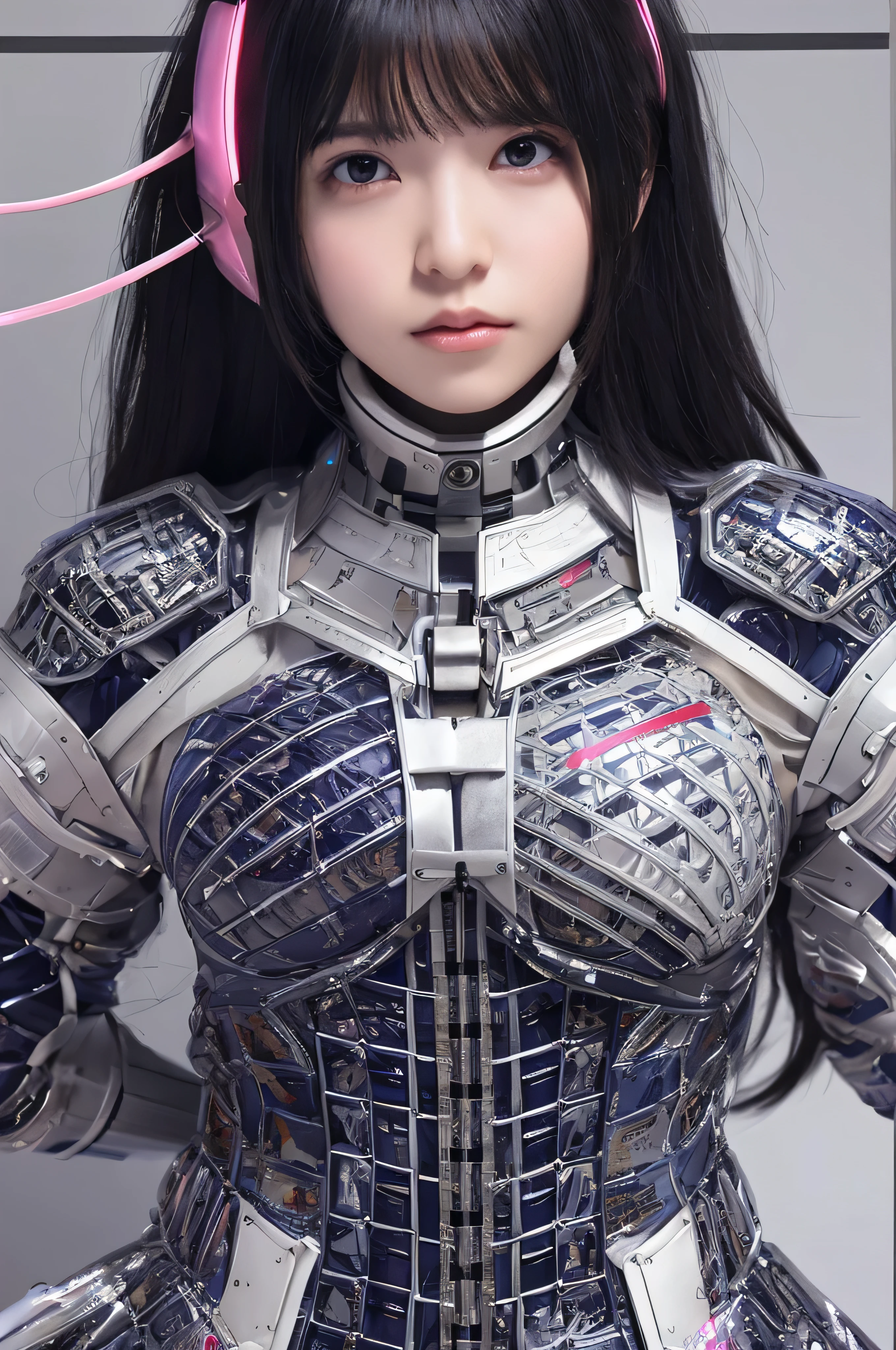 highest quality, masterpiece, Ultra-high resolution, (Realistic: 1.4), RAW Photos, 1 girl, Black Hair, Shiny skin, 1 Mechanical Girl, (Ultra-Realistic Details)), Portraiture, Global Illumination, Shadow, Octane Rendering, 8k, Ultra Sharp, big, Bare skin exposed from cleavage, Metal, Exquisite decorative details, More about Japan, Very intricate details, Realistic Light, CGSoation Trend, Purple eyes, Glowing Eyes, To the camera, Neon Details, Mechanical Limbs, Blood vessels connected to tubes, Mechanical vertebrae attached to the back, Mechanical cervical attachment to the neck, Sitting, Wires and cables connected to the head, Gundam, Small LED Lamp,