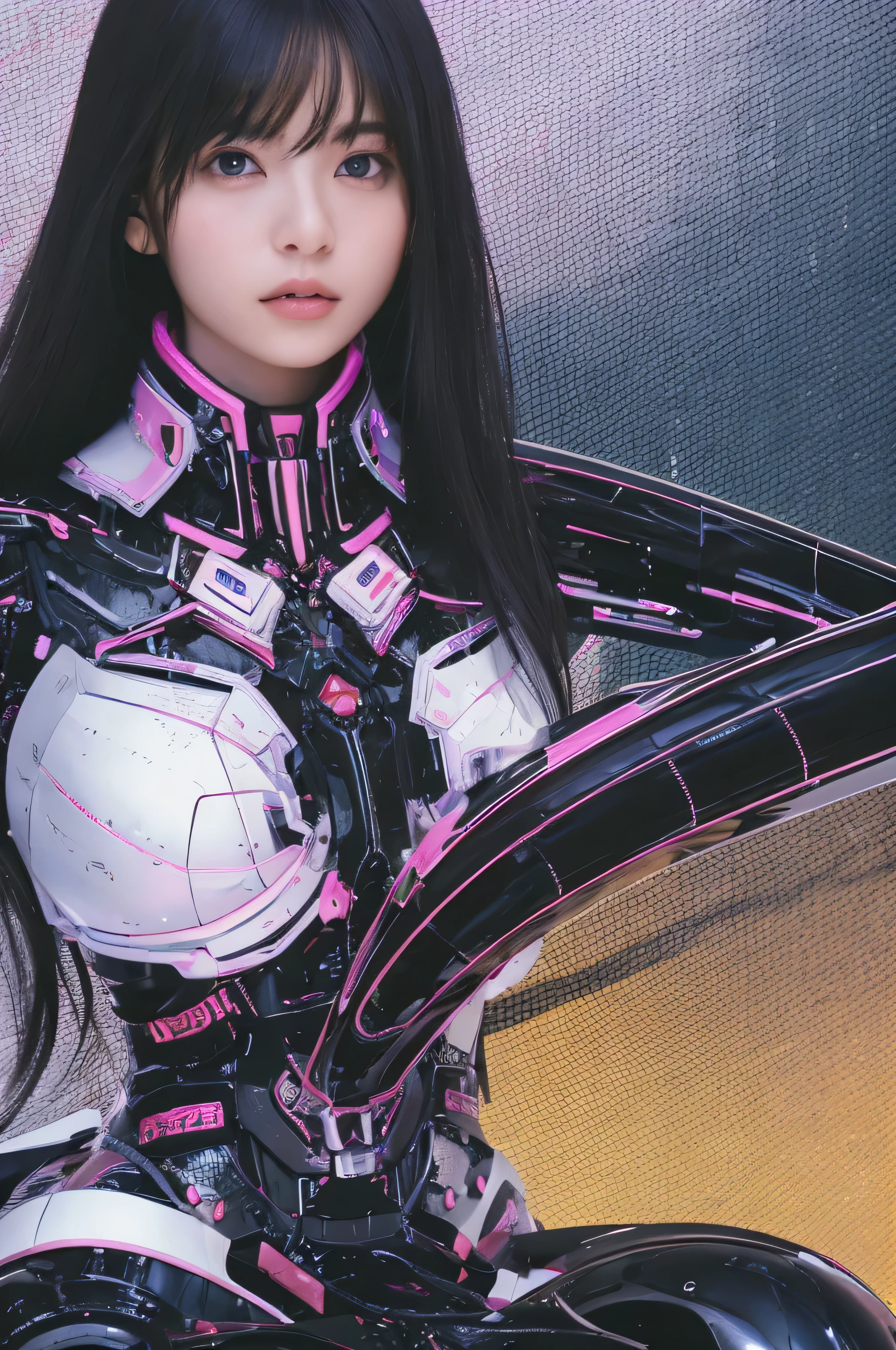 highest quality, masterpiece, Ultra-high resolution, (Realistic: 1.4), RAW Photos, 1 girl, Black Hair, Shiny skin, 1 Mechanical Girl, (Ultra-Realistic Details)), Portraiture, Global Illumination, Shadow, Octane Rendering, 8k, Ultra Sharp, big, Bare skin exposed from cleavage, Metal, Exquisite decorative details, More about Japan, Very intricate details, Realistic Light, CGSoation Trend, Purple eyes, Glowing Eyes, To the camera, Neon Details, Mechanical Limbs, Blood vessels connected to tubes, Mechanical vertebrae attached to the back, Mechanical cervical attachment to the neck, Sitting, Wires and cables connected to the head, Gundam, Small LED Lamp,