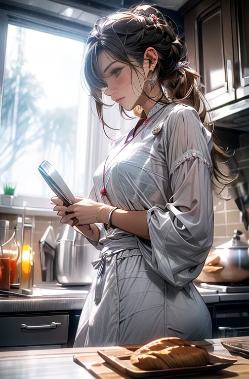Girl in white dress cooking in kitchen