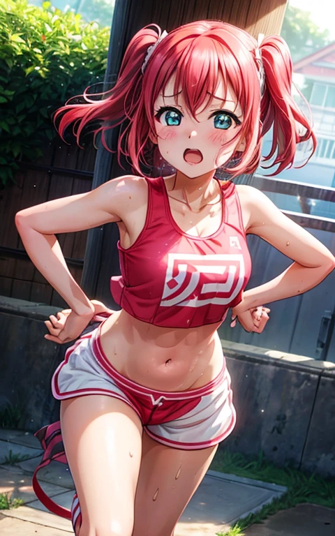 Ruby Kurosawa,I want to have sex, (Beg for sex:1.3),Pink Crop Top, White tight shorts ,Drenched in sweat,Sweaty, Heavy breathing,Red face,Dull Hair,, Are standing, String T-back Bikini