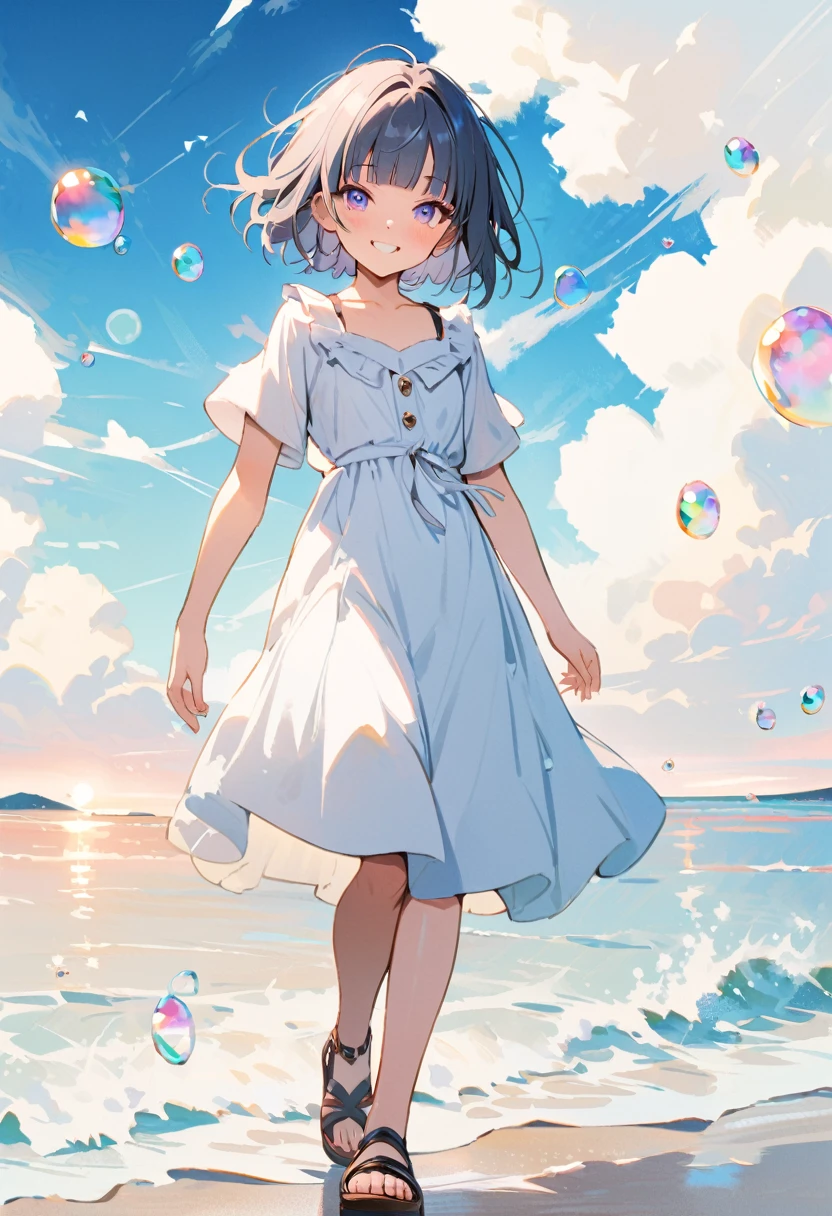 A girl is walking along the beach,happy smile,Many floating soap bubbles,Cumulonimbus,White dress,Sandals,(,beautiful detailed face,BREAK (navy hair),(wavy-short hair),parallel eyebrows,eyes with large irises,blunt bangs,fresh lips,small breasts,small hip,(5feet tall)), BREAK pop Watercolor, (masterpiece, best quality:1.1),