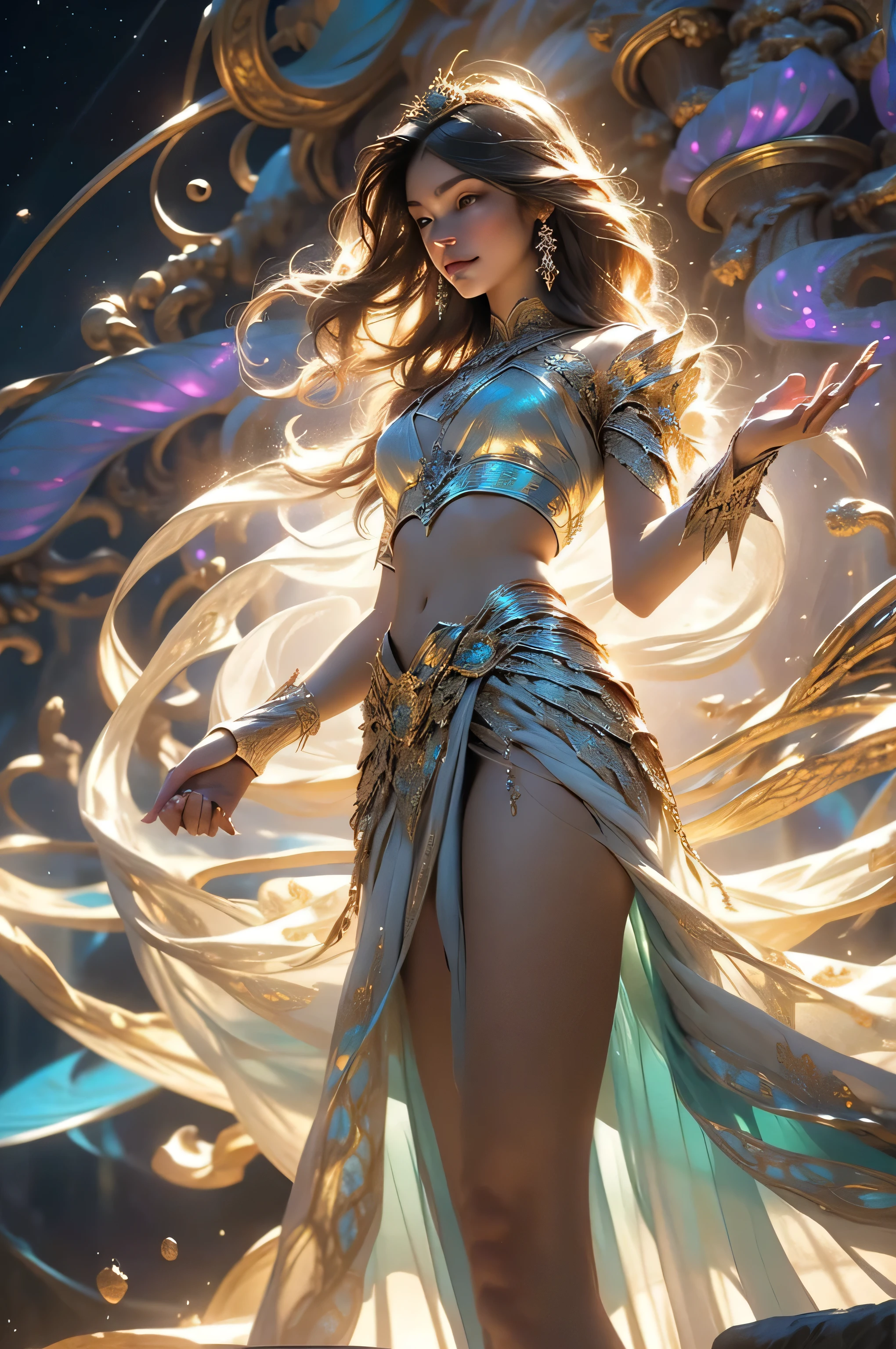 a stunningly beautiful woman (with purple white gradient, long lustrous hair), (expressive, vibrant green eyes, reflecting light(light effect)), flawless supple lips, large perky breasts, a toned midriff, amazing legs, thighs, thighs, thighs, (superb, slender calves), (cute flawless feet1.39), and tattoos. She is wearing a revealing, intricate, weaving, zentangle inspired gown of silk, lace, pearls, twisting silver and gold fastners and buckles, and a diamond and emerald crown, standing in an entrance of a elaborately detailed, awe-inspiring, ((blue and gold swirling vortex of magical energy)), Artstation contest winner, fantasy art, goddess. extremely high detail, hyperdetailed fantasy character, 8k high quality detailed art, extremely detailed goddess shot, intricate wlop, hyperrealistic fantasy art, digital fantasy art ), karol bak, UHD, detailed fantasy artcinematic movie still, masterpiece, best quality, absurd resolution, 8k, ray tracing, HDR, UHD, volumetric lighting, Unreal Engine 5, Unity Engine, Blender, octane render, exquisite composition and detail:1.4, exceptional lighting and shading:1.38, shallow depth of field, low angle, ominous mood, sharp focus, (facing the viewer, casting a spell with magical golden:1.44 lightning:1.4 crackling around her outstretched hands):1.4 repeat positive prompts, repeat negative prompts