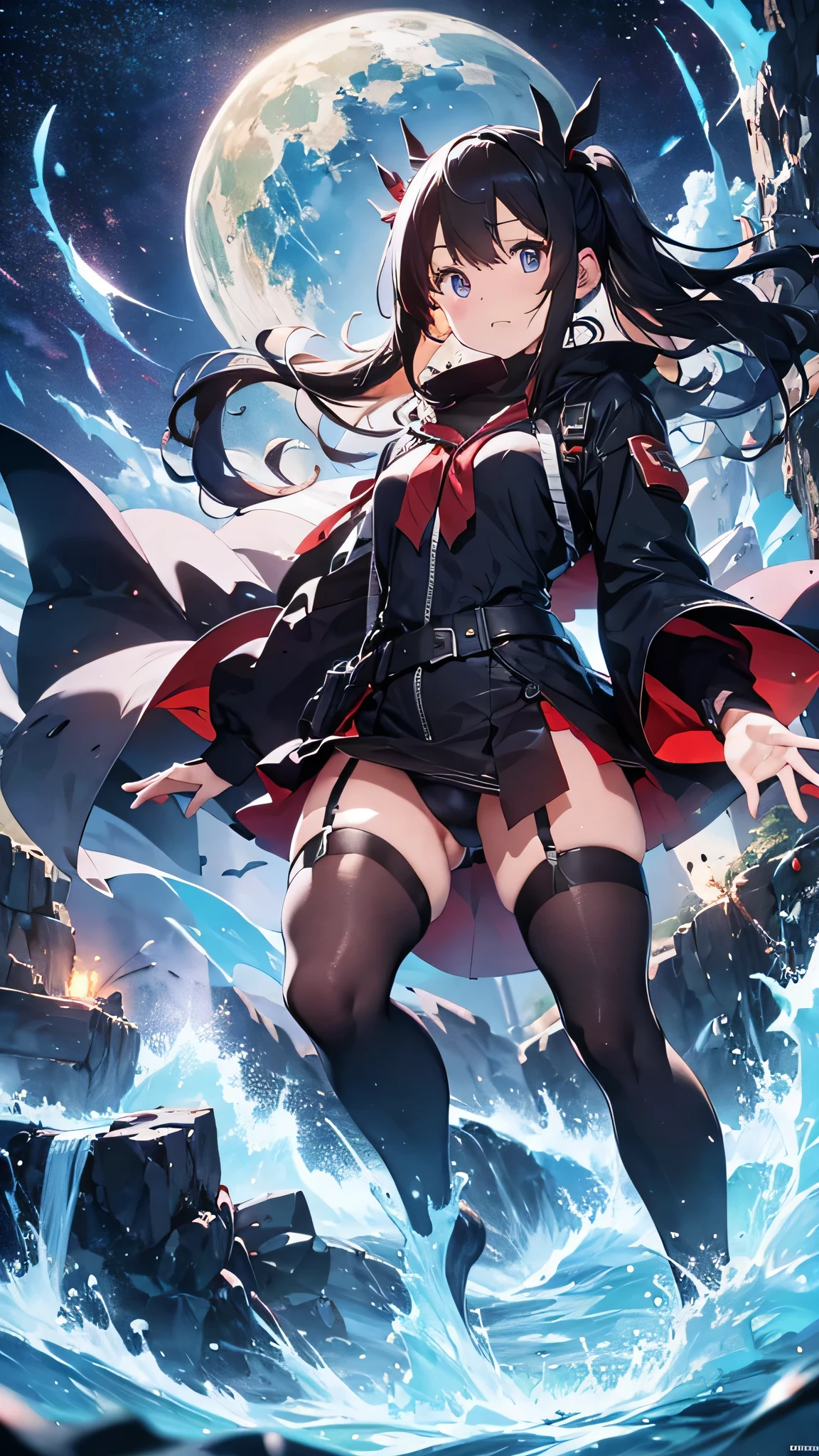 Highest quality、Highest quality、Masterpiece、girl((Age 25、as soon as、Highest Bust、Medium Bust、Wide open chest、Red glowing eyes、Black Ear、Red Mesh、Disheveled Hair、Loincloth、thin、The best valley、Open chest、Luminous Wristbands、hair ornaments、Full body view、Black Shirt、Black trousers、scar、cell phone、A little muscular、Watery eye、Tears))、high quality、Beautiful Art、background((night、Ninja World,volcano))、flight、Flying Debris、Depth of text、movie、Visual Arts、Perfect Art、8K、Genuine、
