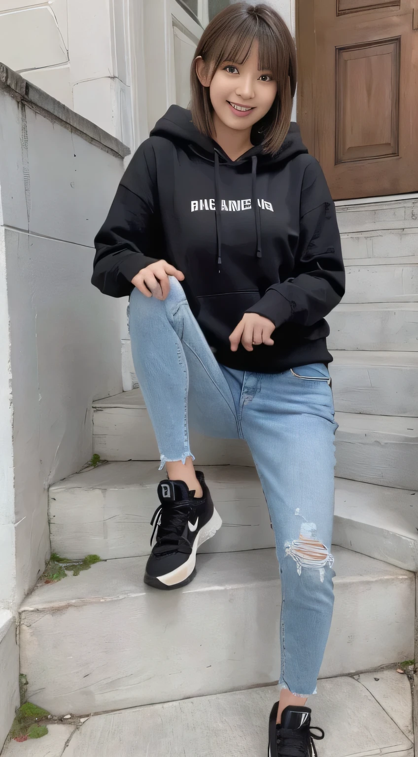 highest quality, Realistic, Very detailed, Finer details, High resolution, 8k wallpaper, One beautiful woman,Sit on the stairs、(Wear black socks)smile、(Beautiful teeth alignment、)(Gums are visible) Oversized hoodie, Skinny jeans,( Black sneakers)、Black Hair、 Beautiful Bangs、ear piercing、Perfect dynamic composition, Beautiful and detailed, Full Body Shot, A big smile brown hair