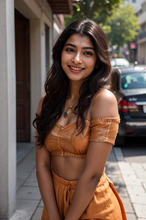 Best quality, masterpiece, super high resolution, pure body, clear pores visible, (smile:0.8), (((desi girl))), chubby face, natural skin, 24 years old indian bengali girl look like sai pallavi who wearing orange color indian top neck with dupatta, (realism:1.5), original photo, bare shoulders, in the dark, deep shadows, low-key, cold light, kind face, beautiful light wavy thin hair(not heavy hair), attractive neck, beautiful lip, beautiful-cute brown eyes, light and thin eyebrows, no makeup, wearing light thin necklace in her neck, and smiling.skin color should be chocolate skin and lip light pink color Take her picture from outside. Show me her full picture (from head to her leg), indian pose, city streets background, bokeh,no dot in her forehead, smile in her face