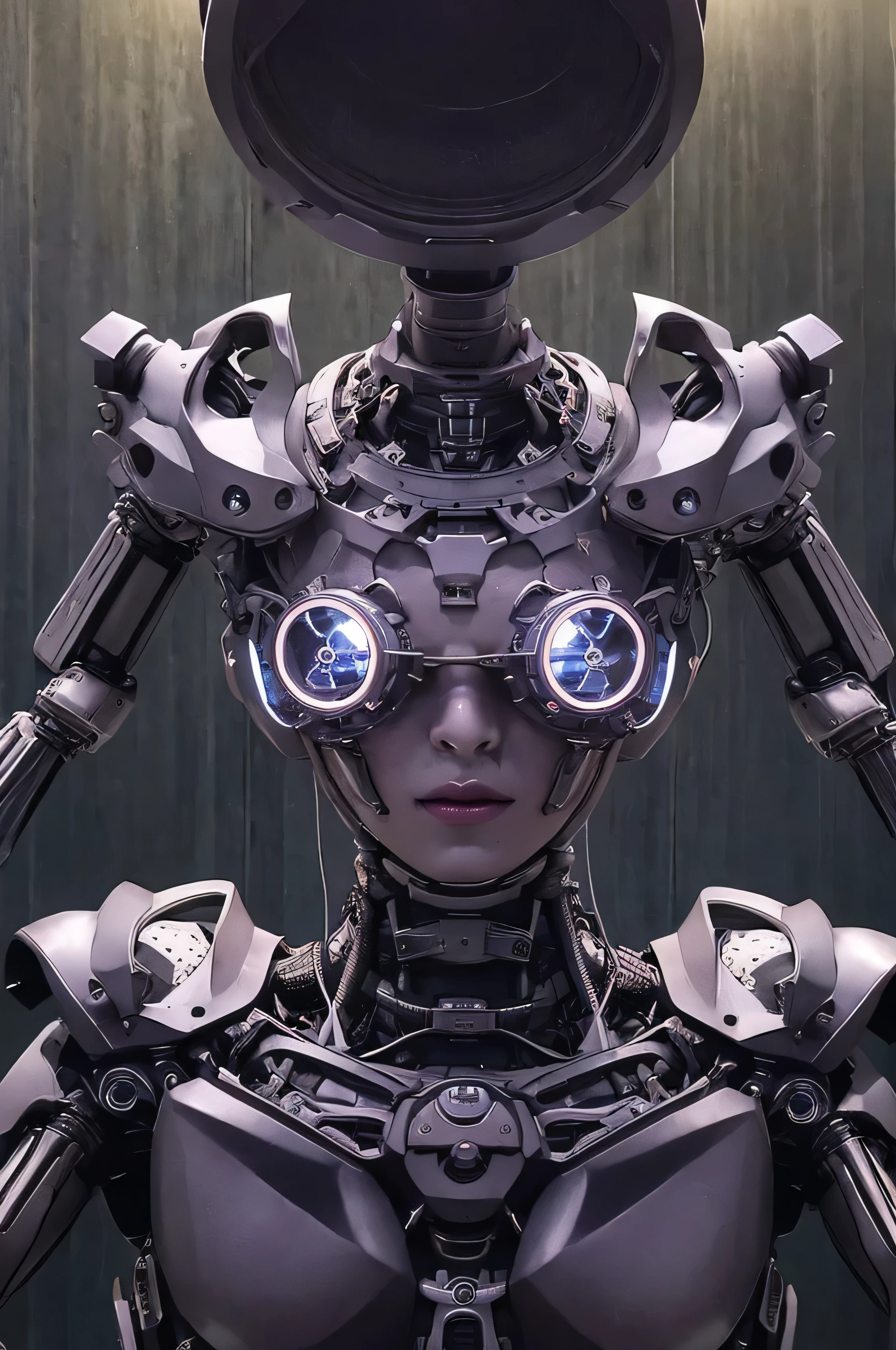 highest quality, masterpiece, Ultra-high resolution, (Realistic: 1.4), RAW Photos, 1 girl, Black Hair, Shiny skin, 1 Mechanical Girl, (Ultra-Realistic Details)), Portraiture, Global Illumination, Shadow, Octane Rendering, 8k, Ultra Sharp, big, Bare skin exposed from cleavage, Metal, Exquisite decorative details, More about Japan, Very intricate details, Realistic Light, CGSoation Trend, Purple eyes, Glowing Eyes, To the camera, Neon Details, Mechanical Limbs, Blood vessels connected to tubes, Mechanical vertebrae attached to the back, Mechanical cervical attachment to the neck, Sitting, Wires and cables connected to the head, Gundam, Small LED Lamp,