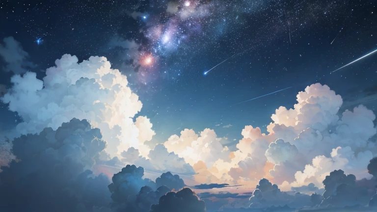 falling meteor piercing a cloudy sky at night, POV looking up