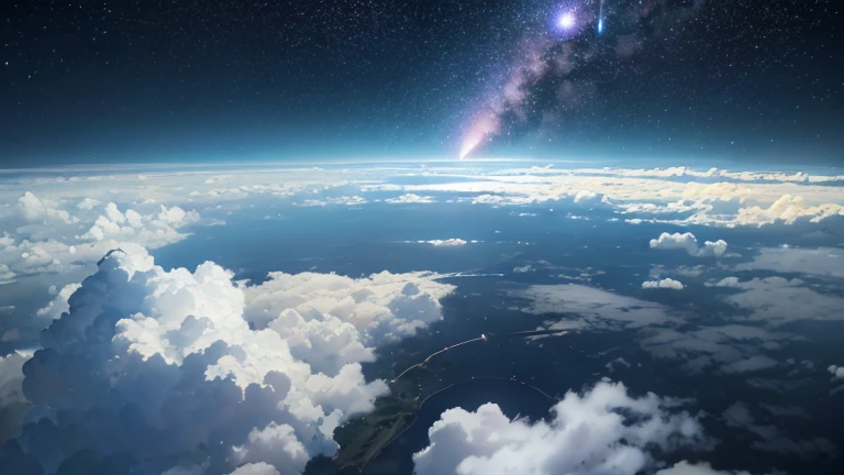 falling meteor piercing a cloudy sky at night, POV looking up