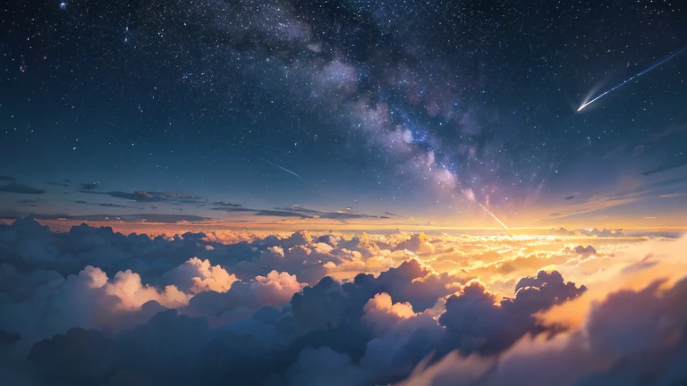 falling meteor piercing a cloudy sky at night, POV  looking up