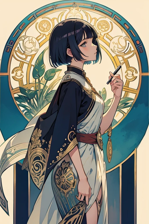 Art nouveau, Alphonse Mucha style,ink art, pen and ink, (Best Quality,masutepiece:1.2), 1 beautiful girl, side view, Profile, school_uniform, bob_cut_hair, bangs, Very_beautiful_face, very_beautiful_eyes, even_eyes