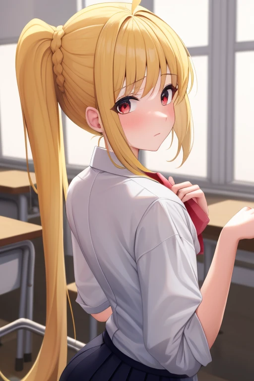 (masterpiece, highest quality:1.2), A girl with blonde hair and red eyes wearing a white shirt, Side Ponytail, Full Bang, Looks confused, School, 
Super detaileded, highest quality, Expressive eyes, Perfect Face, super high quality, Super detailed,nsfw,back shot,ass,butt up