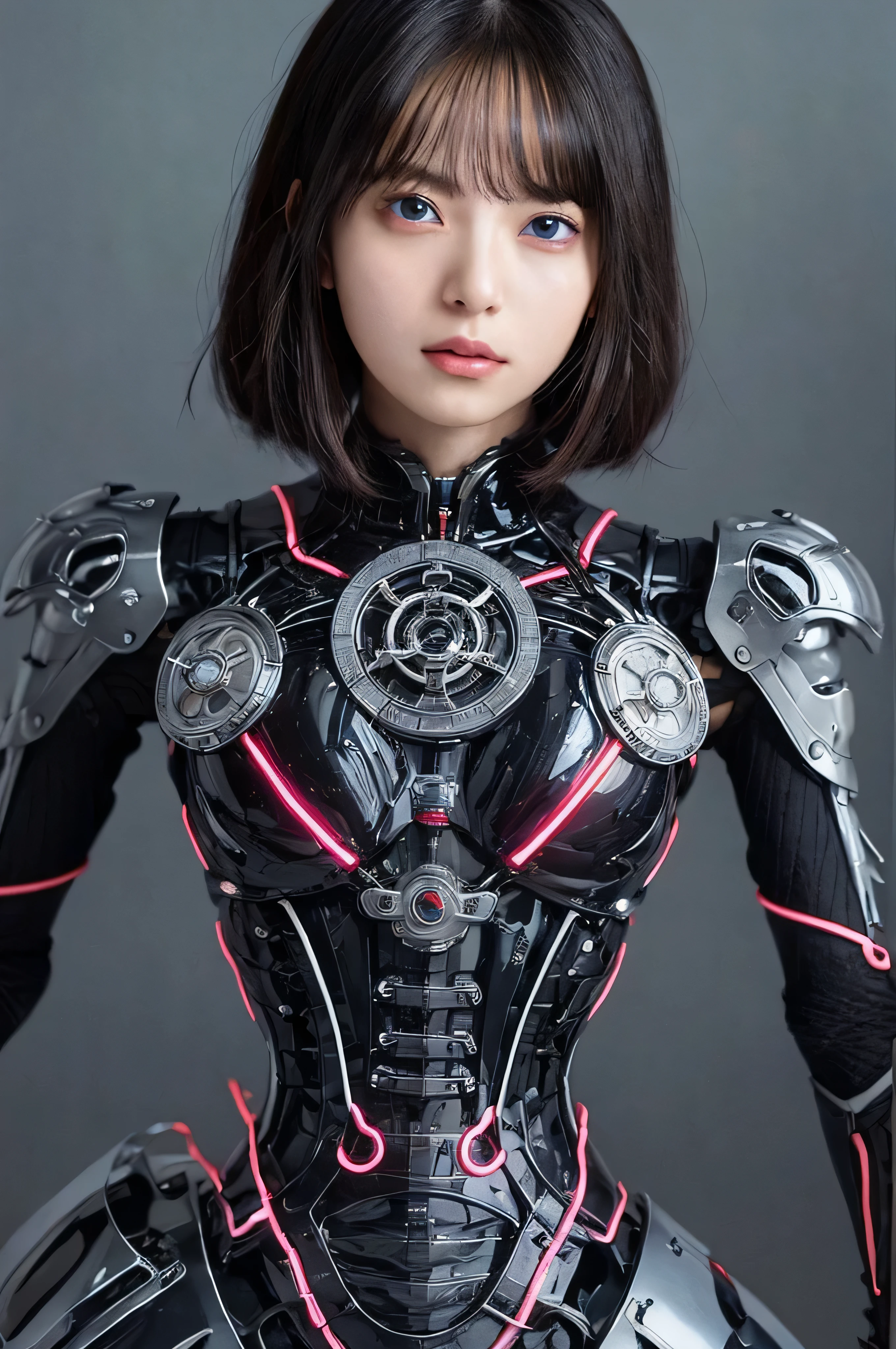 highest quality, masterpiece, Ultra-high resolution, (Realistic: 1.4), RAW Photos, 1 girl, Black Hair, Shiny skin, 1 Mechanical Girl, (Ultra-Realistic Details)), Portraiture, Global Illumination, Shadow, Octane Rendering, 8k, Ultra Sharp, big, Bare skin exposed from cleavage, Metal, Exquisite decorative details, More about Japan, Very intricate details, Realistic Light, CGSoation Trend, Purple eyes, Glowing Eyes, To the camera, Neon Details, Mechanical Limbs, Blood vessels connected to tubes, Mechanical vertebrae attached to the back, Mechanical cervical attachment to the neck, Sitting, Wires and cables connected to the head, Gundam, Small LED Lamp,