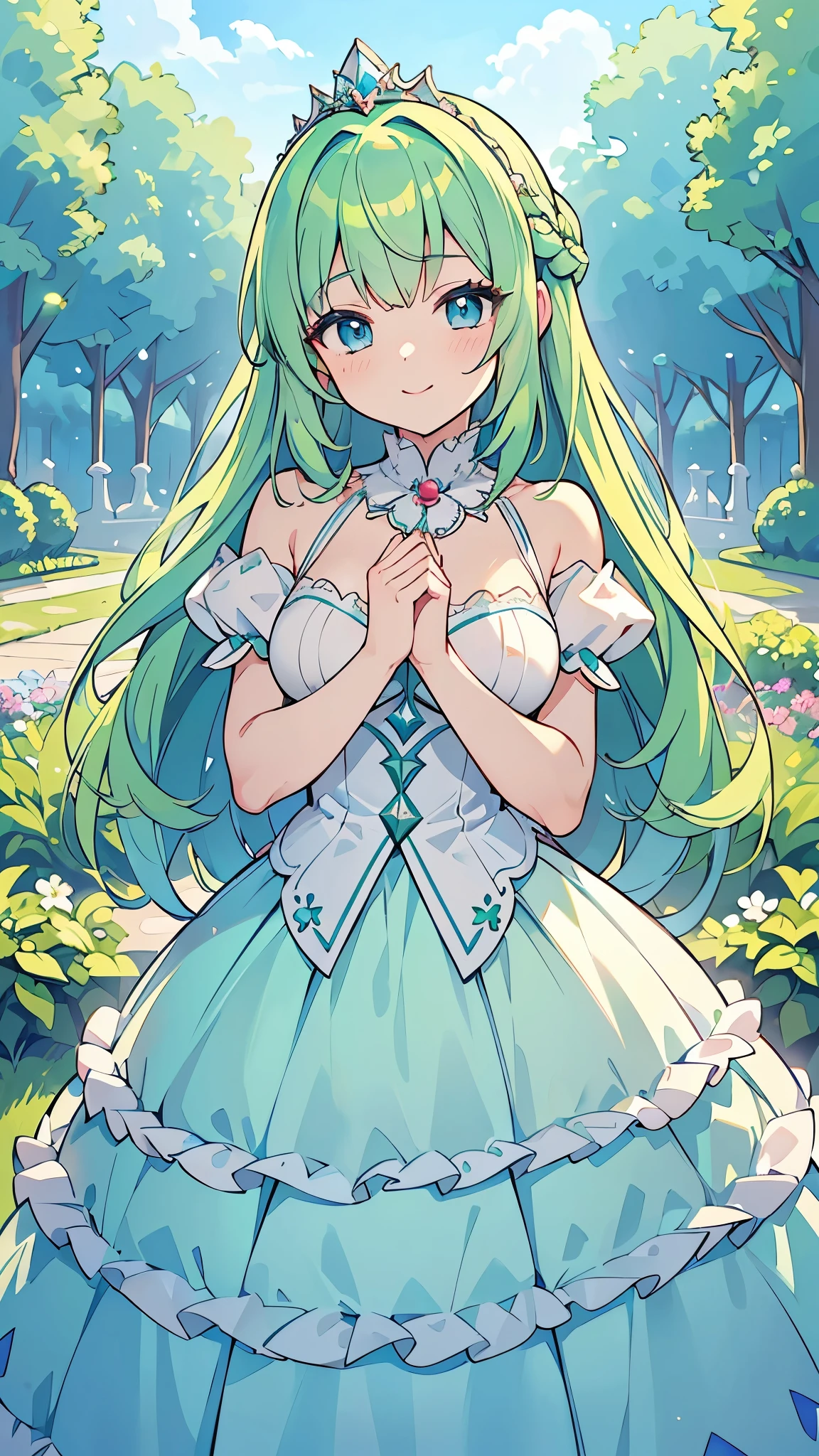 ((A Pretty princess with green hair and blue eyes)), ((wearing the white dress)), Baby face, ((top-quality, master piece, ultra-definition, high resolution)), anime girl, ((ultra-detailed illust:1.2)), only one person, bangs, hair between eye, beautiful hair, Beautiful eyes, medium breast, Big smile, in the garden, castle, with a tiara