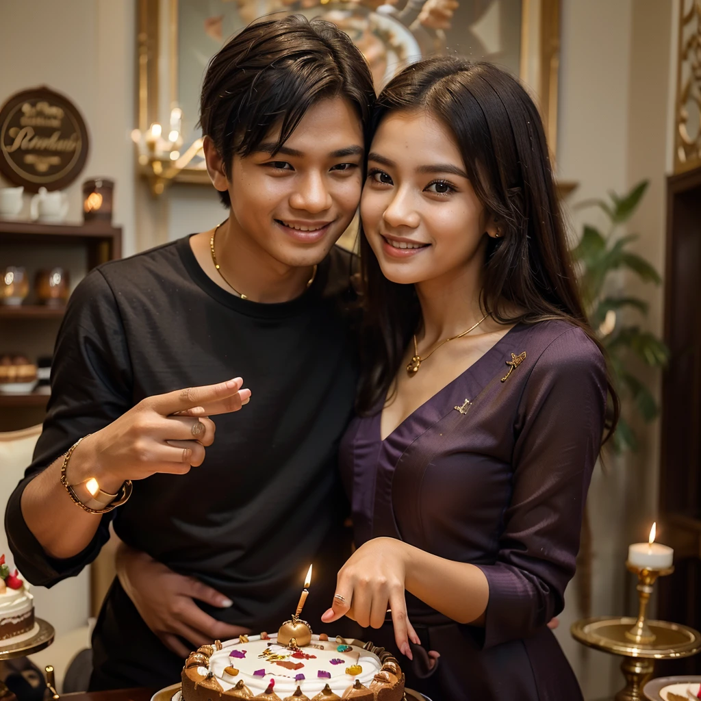 couple photo of A young Indonesian man and woman celebrating their birthday in a luxury cafe, the woman is holding a luxurious birthday cake decorated with colorful decorations and burning candles, while the young man is holding a luxury red gift box in the shape of love containing two beautiful gold rings. , face facing the camera, smiling beautifully, on a cake that says "RIANI", the woman is wearing a luxurious purple dress and is elegant and polite. Realistic