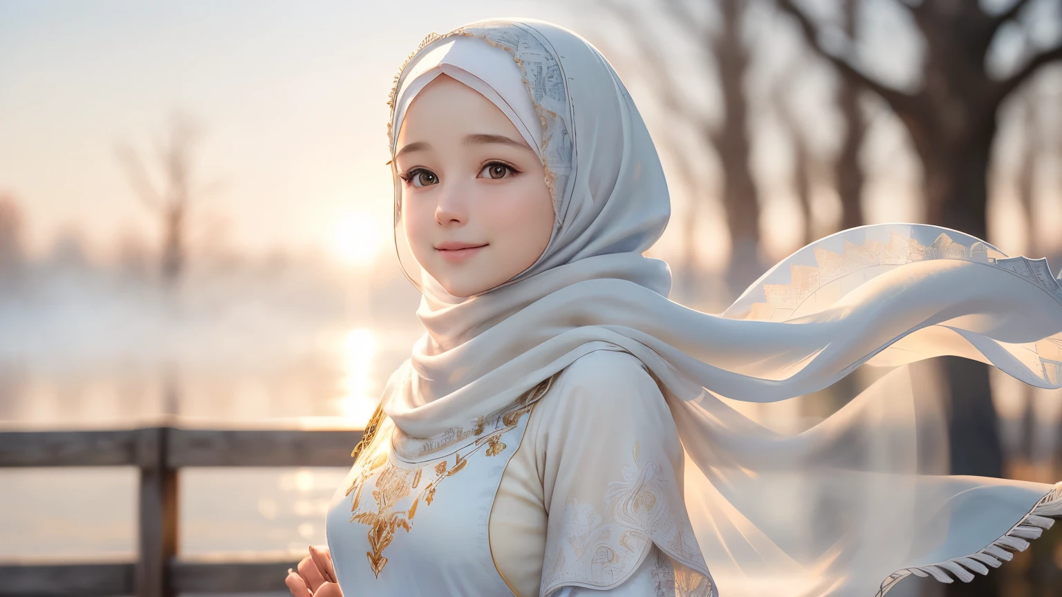 (RAW photo, best quality), (realistic, photo-realistic:1.3), 1 girl, solo girl, full body photo, extremely delicate and beautiful, Amazing, finely detail, masterpiece, ultra-detailed, highres,(best illustration), (best shadow),intricate,depth of filed, On a summer afternoon, a lovely blue female muslim dress with tunic,white pashmina hijabs, hijab, In the golden hues of winter, creating a soothing sound, shine eyes, immersing smile in harmony with nature, No hair seen,(blurry background:1.4), sharp focus, volumetric fog, 8k UHD, high quality, (film grain:1.4), apertur f/1.4, soft breeze,