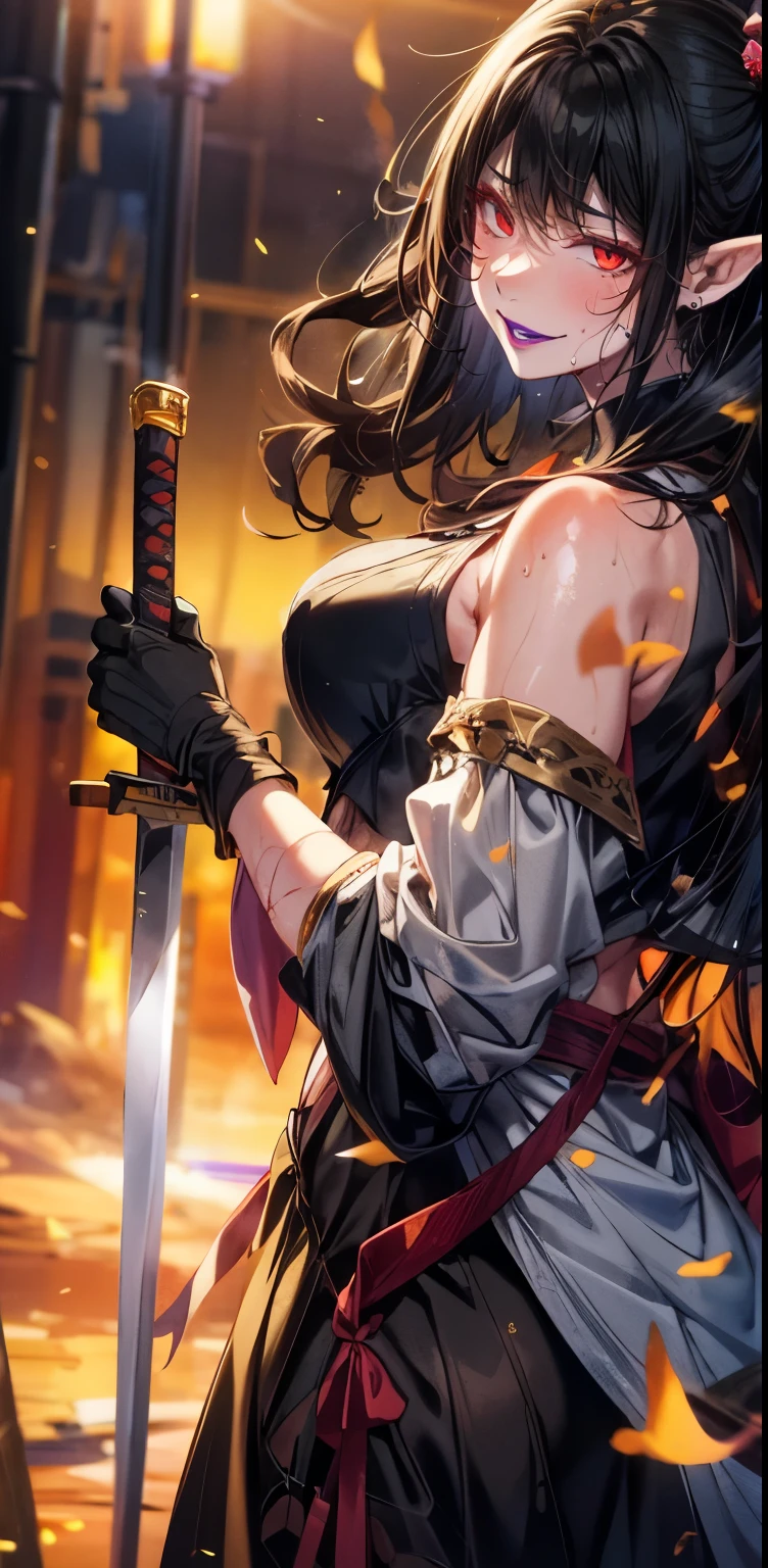 red eyes, pointy ears, long black hair, purple lipstick, makeup, pale skin, anatomically correct, bulge to ass, holding katana female focus, sword, holding, solo, wide_sleeves, 1girl, black_hair, holding_sword, bare_shoulders, detached_sleeves, looking_at_viewer, long_sleeves, standing, breasts, floating_hair, sunset, katana, cowboy_shot, cloud, midriff, medium_breasts, looking_back, back, "glow effects, godrays, Hand drawn, render, 8k, octane render, cinema 4d, blender, dark, atmospheric 4k ultra detailed, cinematic, Sharp focus, big depth of field, Masterpiece, colors, 3d octane render, 4k, concept art, trending on artstation, hyperrealistic, Vivid colors, extremely detailed CG unity 8k wallpaper, trending on CGSociety, Intricate, High Detail, dramatic", anime coloring, anime screencap, sweating, steaming body, fog, hollow eyes, facing viewer, smirk, upper teeth, purple lips, red eyes, sweating, wet, looking at viewer, glowing eyes, wet, sweating