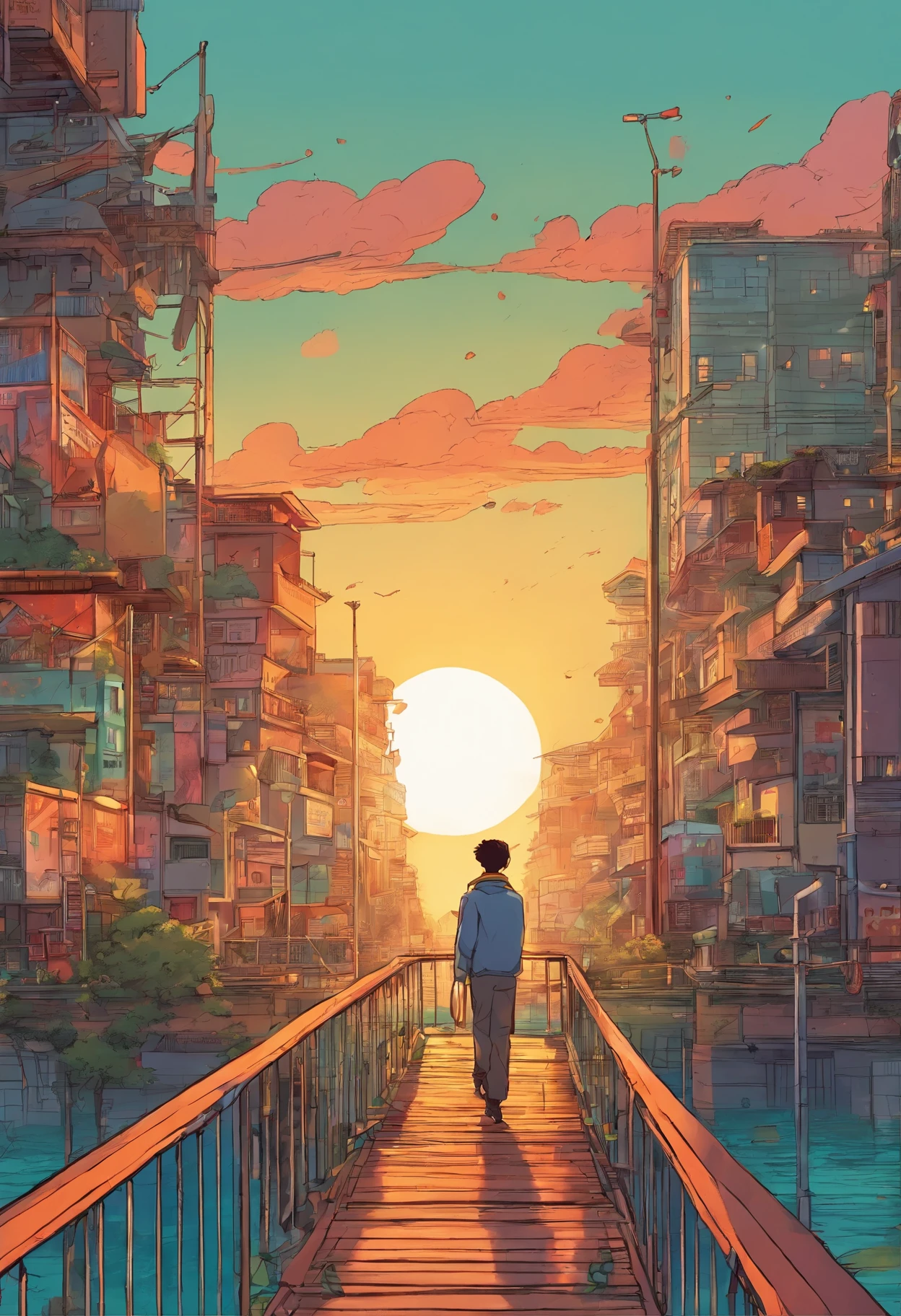 anime - style scene of a man standing on a bridge looking at a cell phone, anime style cityscape, makoto shinkai cyril rolando, tokyo anime scene, anime aesthetic, lofi artstyle, lofi art, lo-fi illustration style, vaporwave city, tokyo - esque town, anime background art, anime style illustration