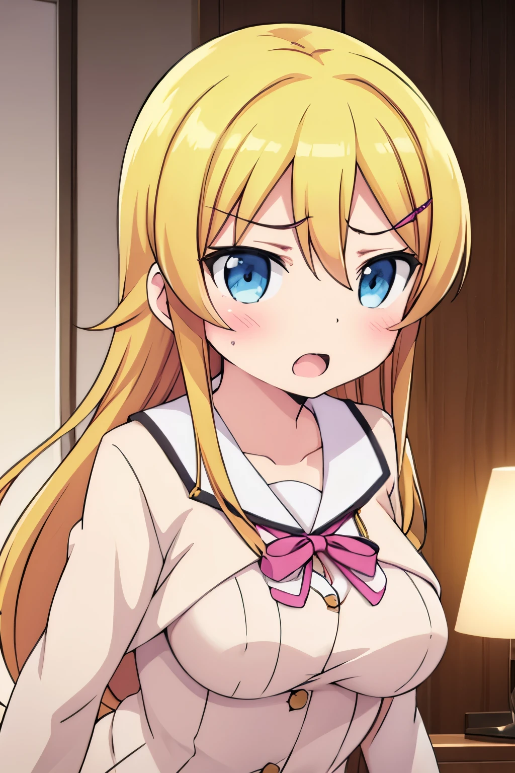 G-Cup　　masterpiece　highest quality　High resolution　Blonde　Gal　JK　uniform　Boob Combing　Nipples　sexy　Arrogant　Showing her boobs　Kirino Takasaka　hairpin　Glaring eyes　A slightly open mouth　Light in your eyes