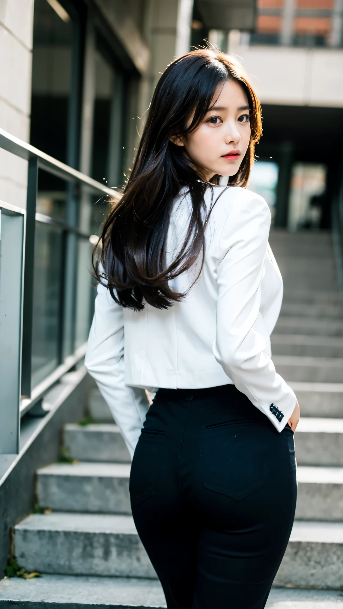(masterpiece:1.3), (8k, Realistic, Raw photo, highest quality: 1.4), (Medium Hair:1.3),Ultra High resolution, Ultra-realistic, High resolution, office lady, Tight pants、Long Hair, Angle from below:1.5, back of head:1.5、Climbing the stairs to the office:2、Put your hands on your buttocks:1.5、Back view:1.5、blazer:1.5、Cold Stare:1.5