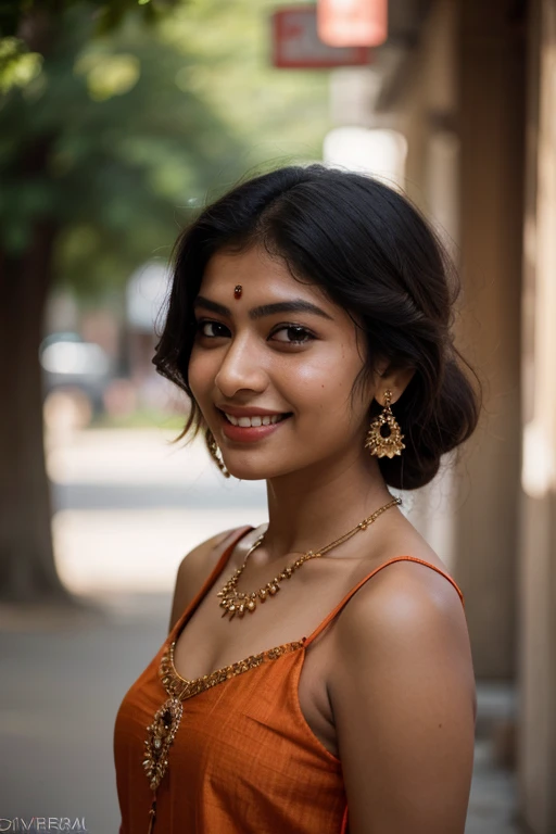 Best quality, masterpiece, super high resolution, pure body, clear pores visible, (smile:0.8), (((desi girl))), chubby face, natural skin, 24 years old indian bengali girl look like sai pallavi who wearing orange color indian churidar with light color dupatta, (realism:1.5), original photo, bare shoulders, in the dark, deep shadows, low-key, cold light, kind face, beautiful light wavy thin hair(not heavy hair), attractive neck, beautiful lip, beautiful-cute brown eyes, light and thin eyebrows, no makeup, wearing light thin necklace in her neck, and smiling.skin color should be chocolate skin and lip light pink color Take her picture from outside. Show me her full picture (from head to her leg), indian pose, city streets background, bokeh,no dot in her forehead, smile in her face