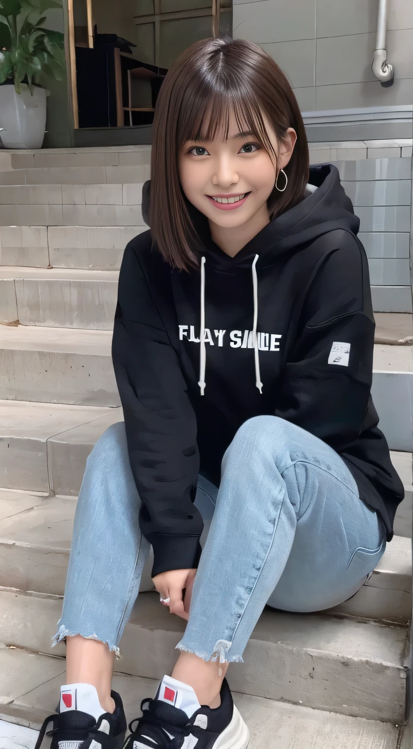 highest quality, Realistic, Very detailed, Finer details, High resolution, 8k wallpaper, One beautiful woman,Sit on the stairs、(Wear black socks)smile、(Beautiful teeth alignment、)(Gums are visible) Oversized hoodie, Skinny jeans,( Black sneakers)、Black Hair、 Beautiful Bangs、ear piercing、Perfect dynamic composition, Beautiful and detailed, Full Body Shot, A big smile brown hair