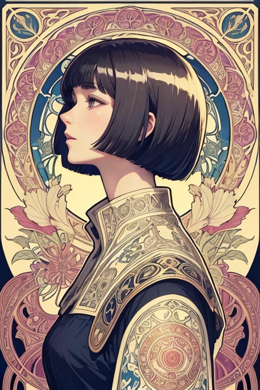 Art nouveau, Alphonse Mucha style,ink art, pen and ink, (Best Quality,masutepiece:1.2), 1 beautiful girl, side view, Profile, school_uniform, bob_cut_hair, bangs, Very_beautiful_face, very_beautiful_eyes, even_eyes