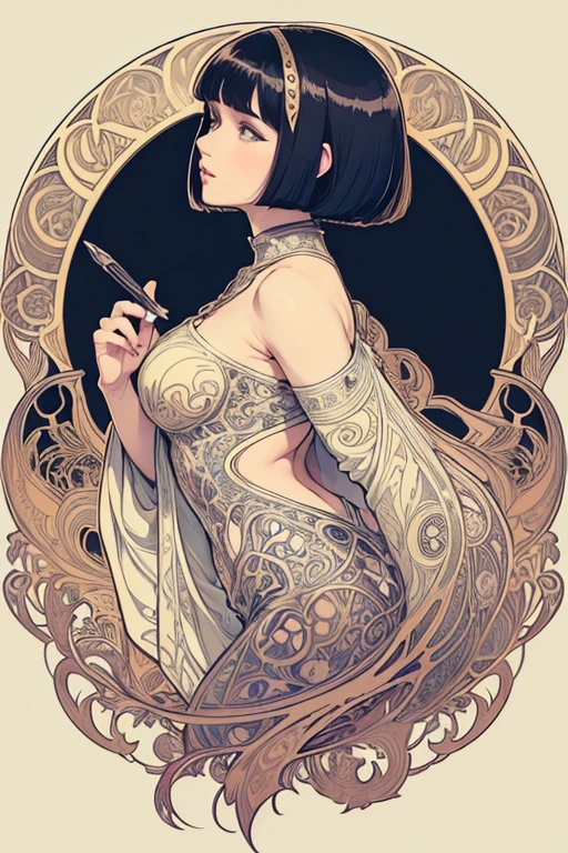 Art nouveau, Alphonse Mucha style,ink art, pen and ink, (Best Quality,masutepiece:1.2), 1 beautiful girl, side view, Profile, school_uniform, bob_cut_hair, bangs, Very_beautiful_face, very_beautiful_eyes, even_eyes