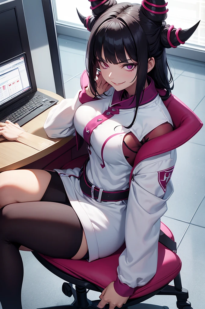 evil smile,juri han, evil smile, office, bangs in the eyes, lighting, hair horn, vision of up, looking up, smile, sitting on an office chair, legs crossed,corpo detalhado,belo corpo,imagem detalhada
