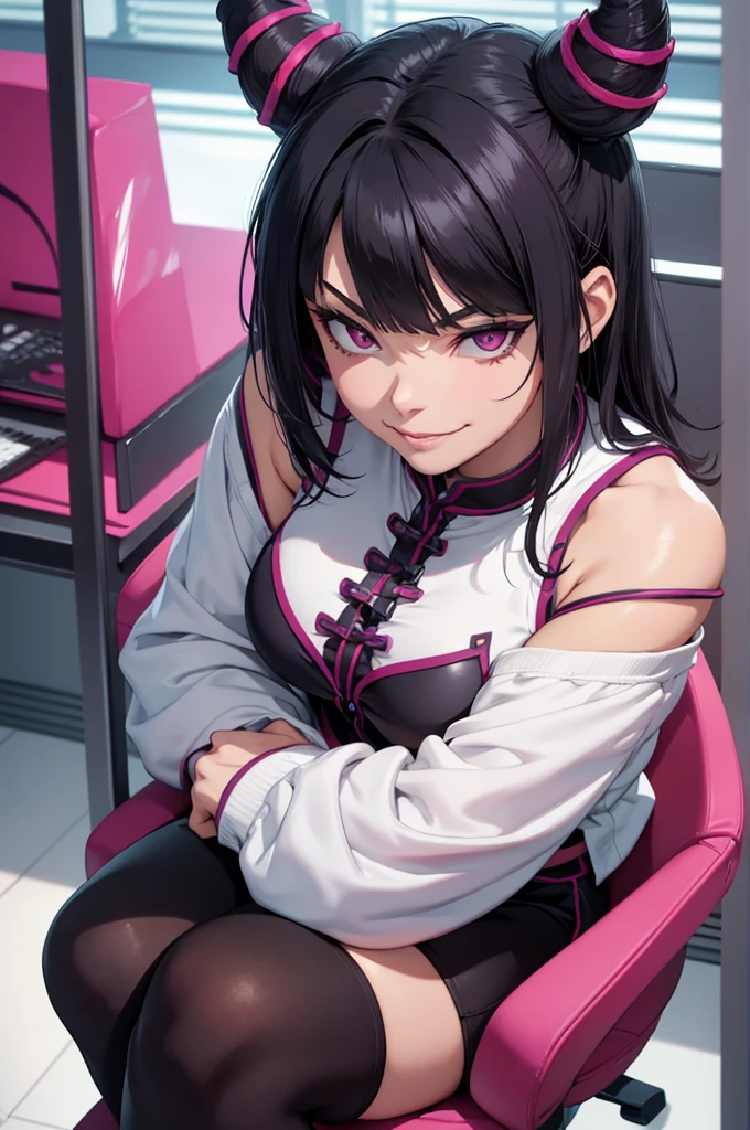 evil smile,juri han, evil smile, office, bangs in the eyes, lighting, hair horn, vision of up, looking up, smile, sitting on an office chair, legs crossed,corpo detalhado,belo corpo,imagem detalhada