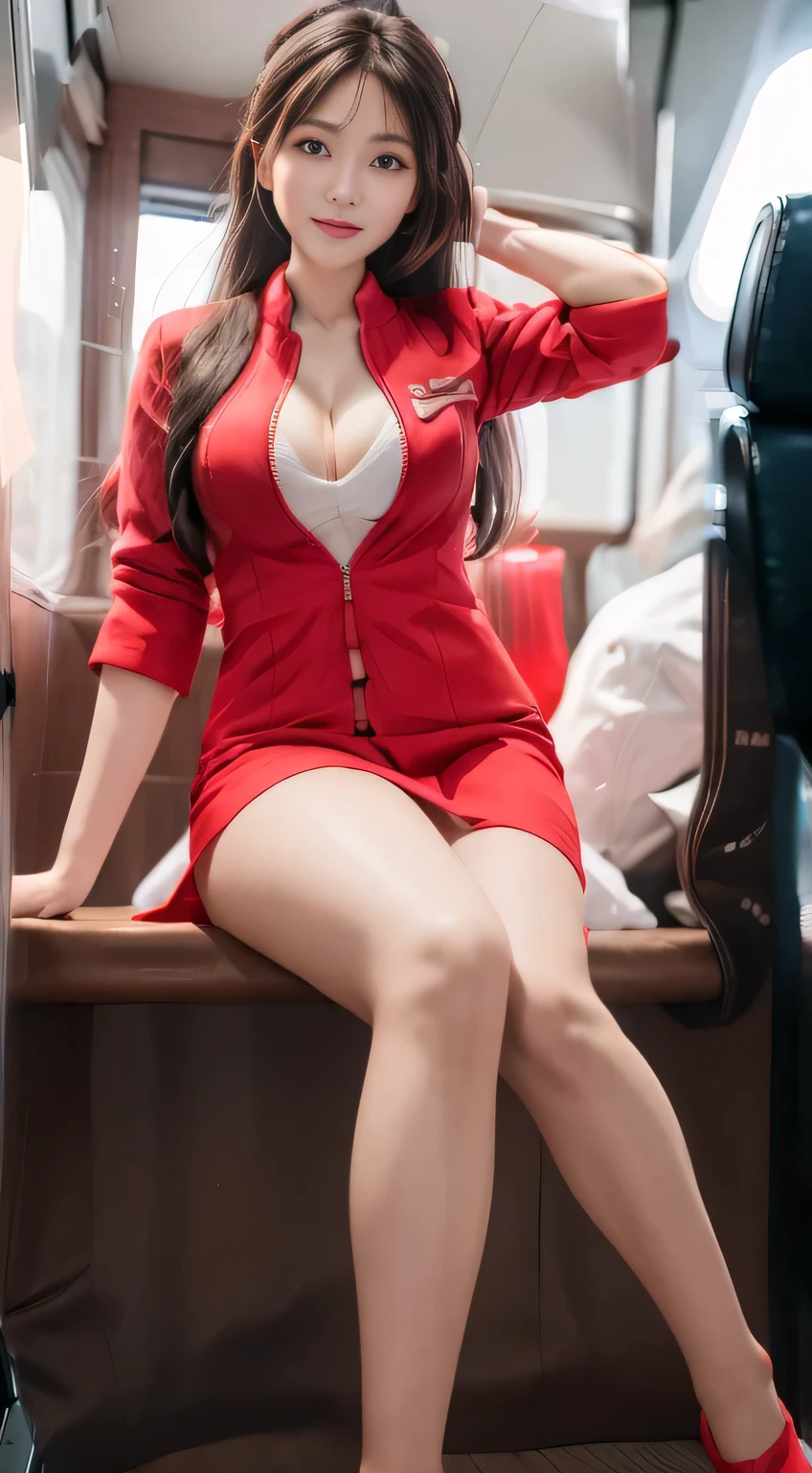 (masterpiece:1.2, highest quality:1.2), 32K HDR, High resolution, (alone、1 girl)、(On board、Professional Lighting)、Skyscraper Background、Beautiful city view、(Realistic style with AirAsia flight attendant uniforms)、(AirAsia uniform unzipped red jacket、AirAsia uniform long sleeve red jacket、AirAsia uniform red mini tight skirt、AirAsia uniform white shirt unbuttoned)、(AirAsia uniform shirt cleavage reveals big boobs)、Dark brown hair、ponytail、Red rubber band、(Long hair that reaches down to the legs、Tie your hair behind your head、Her tied-up long hair flutters in the wind)、A strong wind is blowing、Long Shot、((Fine hand:2.0)),((Harmonious body proportions:1.5)),((Normal limbs:2.0)),((Normal finger:2.0)),((Delicate eyes:2.0)),((Normal eyes:2.0)))、Luxury Necklace、Beautiful sitting posture