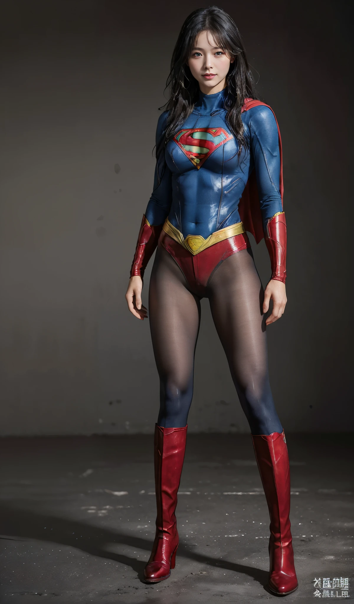 No background、(((Beautiful legs in black tights.)))、(((Legally express the beauty of your smile)))、((((Make the most of your original images)))、(((Supergirl Costume)))、(((Beautiful Hair)))、(((suffering)))、(((Please wear black tights....、Wear red boots)))、((Best image quality、8k))、((highest quality、8k、masterpiece:1.3))、(((Preserve background )))、Sharp focus:1.2、Beautiful woman with perfect figure:1.4、Slim Abs:1.2、Wet body:1.5、Highly detailed face and skin texture、8k