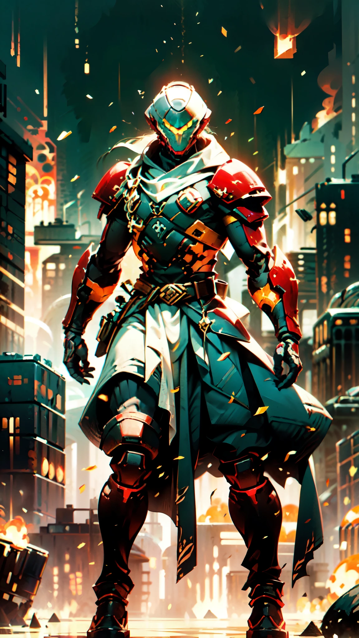 A man wearing a full-face helmet, a fantasy-style biotech armored combat suit, green eyes, (a composite layered chest armor), fully enclosed shoulder guards, matching arm and leg guards, the belt is adorned with 666 mark, (the color scheme is primarily red with yellow and white accents), the design balances heavy with agility, a high-tech bio-mecha armor, (Armor Concept Inspired by Demon, stand on the top of a skyscraper in a futuristic sci-fi city), this character embodies a finely crafted fantasy-surreal style armored hero in anime style, exquisite and mature manga art style, (battle damage, element, plasma, energy, the armor glows), ((male:1.5)), metallic, real texture material, dramatic, high definition, best quality, highres, ultra-detailed, ultra-fine painting, extremely delicate, professional, perfect body proportions, golden ratio, anatomically correct, symmetrical face, extremely detailed eyes and face, high quality eyes, creativity, RAW photo, UHD, 32k, Natural light, cinematic lighting, masterpiece-anatomy-perfect, masterpiece:1.5