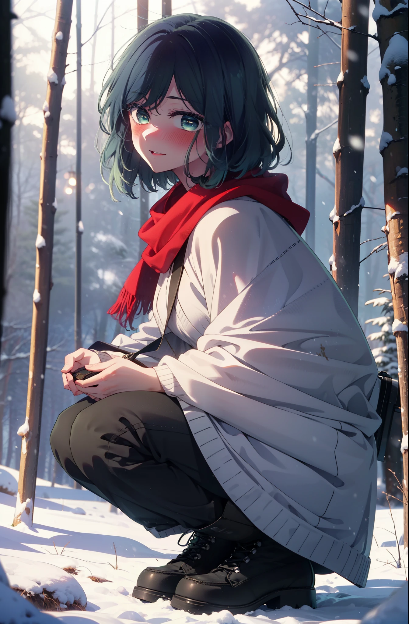 akanekurokawa, akane kurokawa, bangs, (Green Eyes:1.3), Blue Hair, Medium Hair, dark Blue Hair,smile,blush,White Breath,
Open your mouth,snow,Ground bonfire, Outdoor, boots, snowing, From the side, wood, suitcase, Cape, Blurred, , forest, White handbag, nature, Squat, Mouth closed, Cape, winter, Written boundary depth, Black shoes, red Cape break looking at viewer, Upper Body, whole body, break Outdoor, forest, nature, break (masterpiece:1.2), highest quality, High resolution, unity 8k wallpaper, (shape:0.8), (Beautiful and beautiful eyes:1.6), Highly detailed face, Perfect lighting, Highly detailed CG, (Perfect hands, Perfect Anatomy),