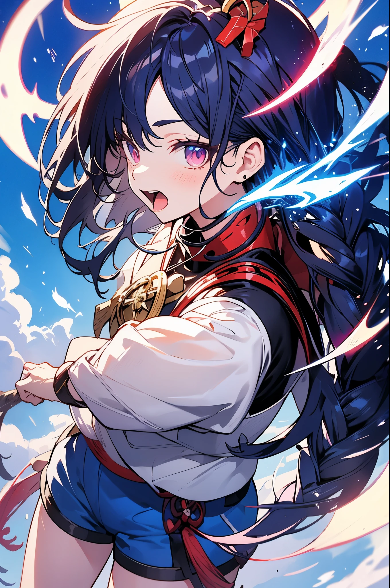 Raiden Shogun, genshin impact, sakura background, clear sky, blue shorts, black shirt