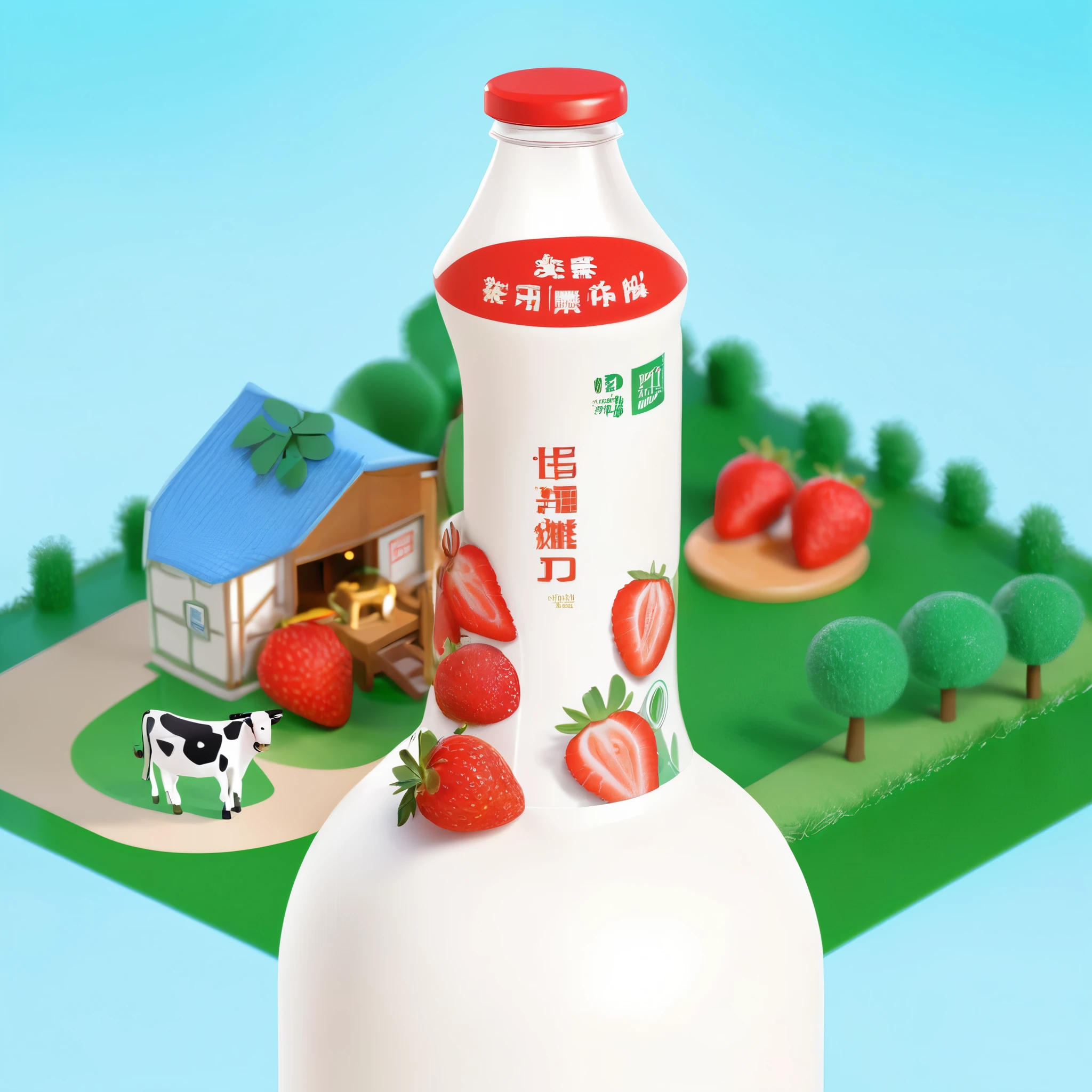 There is a bottle of yogurt and strawberries on the grassland, There are cows and cowshed,Business Illustration, 风格化为 3D Rendering, Rendering art, Inspired by Adrian Hanneman, Gouache 3D shadow, Rendering illustration, Adding Details, 2. 5D Illustration, Digital illustration style, 3d illustration, 3d illustration, campbell adi style, ad, Rendering