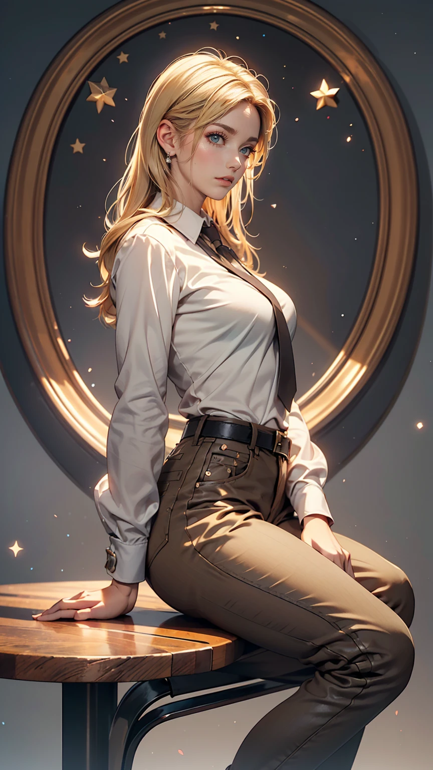 Ah Style, shingeki no kyojin,, , Krista Lentz,, One girl, belt, belt buckle, Blonde, blue eyes, Brown footwear, brown pants, buckle, chest belt, collared shirt, diamond (shape), Floating Hair, From the side, whole body, Gray background, Hair between the eyes, Place your hands on your thighs, Long Hair, Long sleeve, Looking to the future, with own hands, pants, Lips parted, shirt, shoes, Sitting, alone, Shine, star (symbol), Thigh straps, white shirt, , , ((masterpiece)), highest quality, , 