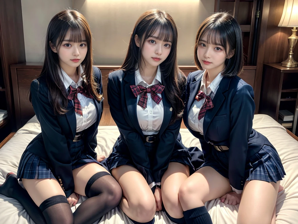 (8K, Raw photography, top-quality, ​masterpiece:1.2), master piece, best quality, illustration, Super detailed, fine details, High resolution, 8K,wall paper, perfect dynamic composition,(Details High quality, realistic depiction of eyes:1.3), ((2 girls, 2 schoolgirls)), The background is a luxury hotel room、High school girl uniform、blazer 、Super Short Check Uniform Skirt、Navy blue high socks、garterbelts、Colossal tits、Disturbed uniform, Play with each other,Touching each other's bodies,Touching the body of the girl next door, short bob hair, black hair color, huge breasts, Big Natural Color Lip, bold sexy pose, (perfect body shape), crying a little、cold gaze,  Beautiful makeup,glitter makeup,Cutest 18 years old, beautiful legs, hposing Gravure Idol, Voluptuous thighs