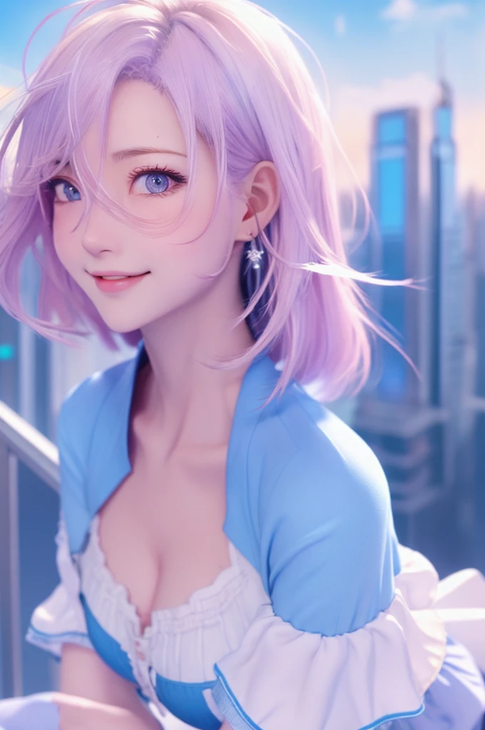 Official Art, masterpiece, Sharp focus, (Beautiful gorgeous and cute Korean woman:1.3), (Beautiful and cute Korean:1.3), Korean Beauty, Delicate and beautiful hair, eyes and face, Realistic, Super detailed, beautiful girl, blue sky, Glowing White Particles, (Side light:1.2), Light of the sun, White cloud, Detailed Clouds, thin, Very big breasts and very big hips, Smiling with teeth showing, ((Smile with your eyes, Open both eyes)), scenery, Straight long hair, Sexy look, building, (Cityscape:1.7), Dynamic Hair, Straight long hair, Platinum pink hair details, Blue eyes glow, (Blue pleated shirt + White Skirt), White long socks, Pale skin, hair ornaments, epic scenery,