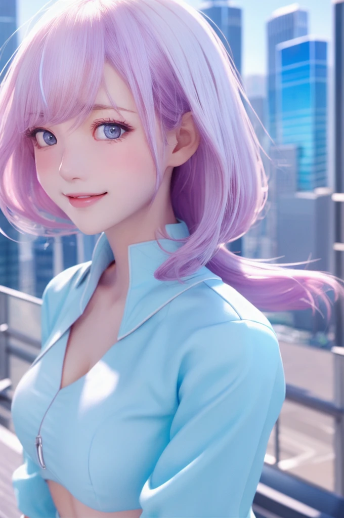 Official Art, masterpiece, Sharp focus, (Beautiful gorgeous and cute Korean woman:1.3), (Beautiful and cute Korean:1.3), Korean Beauty, Delicate and beautiful hair, eyes and face, Realistic, Super detailed, beautiful girl, blue sky, Glowing White Particles, (Side light:1.2), Light of the sun, White cloud, Detailed Clouds, thin, Very big breasts and very big hips, Smiling with teeth showing, ((Smile with your eyes, Open both eyes)), scenery, Straight long hair, Sexy look, building, (Cityscape:1.7), Dynamic Hair, Straight long hair, Platinum pink hair details, Blue eyes glow, (Blue pleated shirt + White Skirt), White long socks, Pale skin, hair ornaments, epic scenery,