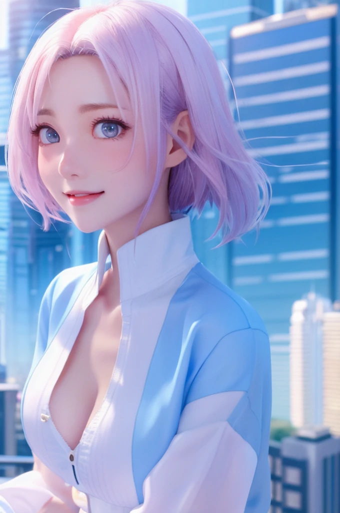 Official Art, masterpiece, Sharp focus, (Beautiful gorgeous and cute Korean woman:1.3), (Beautiful and cute Korean:1.3), Korean Beauty, Delicate and beautiful hair, eyes and face, Realistic, Super detailed, beautiful girl, blue sky, Glowing White Particles, (Side light:1.2), Light of the sun, White cloud, Detailed Clouds, thin, Very big breasts and very big hips, Smiling with teeth showing, ((Smile with your eyes, Open both eyes)), scenery, Straight long hair, Sexy look, building, (Cityscape:1.7), Dynamic Hair, Straight long hair, Platinum pink hair details, Blue eyes glow, (Blue pleated shirt + White Skirt), White long socks, Pale skin, hair ornaments, epic scenery,