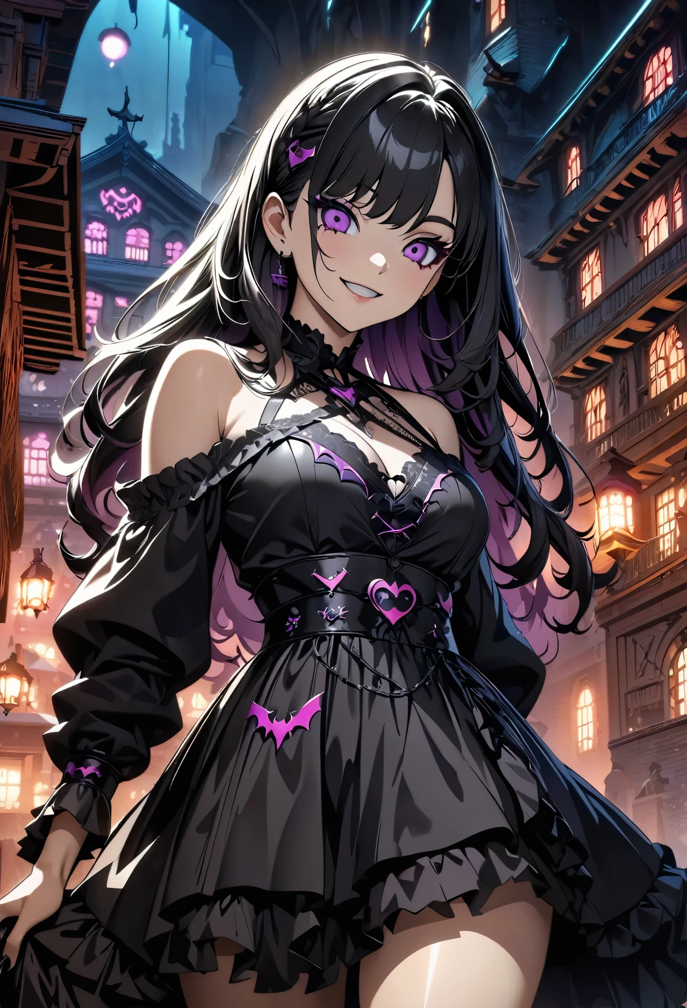 (highest quality:1.2, Very detailed, Anime Style, High Contrast, Detailed digital anime art, masterpiece:1.2, highest quality, Best aesthetics), 1 Female, Gothic Maiden Anime Girl, Gothic Cyberpunk, Gothic art style, Gothic art, Devil Anime Girl, Gothic horror atmosphere, Creepy Makeup, eye shadow, Bat motif accessories, Detailed dress decoration , Beautiful Gothic Dresses, Off the shoulder, Separated sleeves, Detailed accessories, Sheer dress, Black Hair, Long Hair, Braided Hair, Purple Bicolor, Purple Eye, Smile, Voluptuous Body, Female Curves, Random Pause, Western-style architecture, Western-style building background, Gorgeous interior, Dark Color Palette, Young agers々Shi, climax.