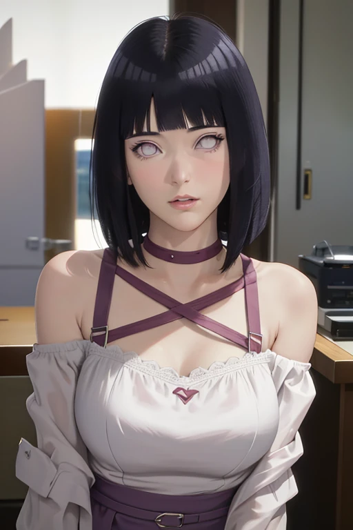 masterpiece, absurdres, hinata\(boruto\), 1girl, solo,mature female, off-shoulder strap bra, high waist short skirt, looking at viewer, perfect composition, detailed lips, big breast, beautiful face, body propotion, blush, (pink lips), long hair, purple eyes, soft gaze, super realistic, detailed, photoshoot, realistic face and body,