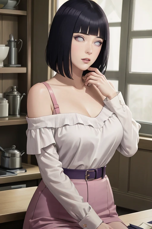 masterpiece, absurdres, hinata\(boruto\), 1girl, solo,mature female, off-shoulder strap bra, high waist short skirt, looking at viewer, perfect composition, detailed lips, big breast, beautiful face, body propotion, blush, (pink lips), long hair,  purple eyes,  soft gaze,  super realistic, detailed, photoshoot, realistic face and body,
