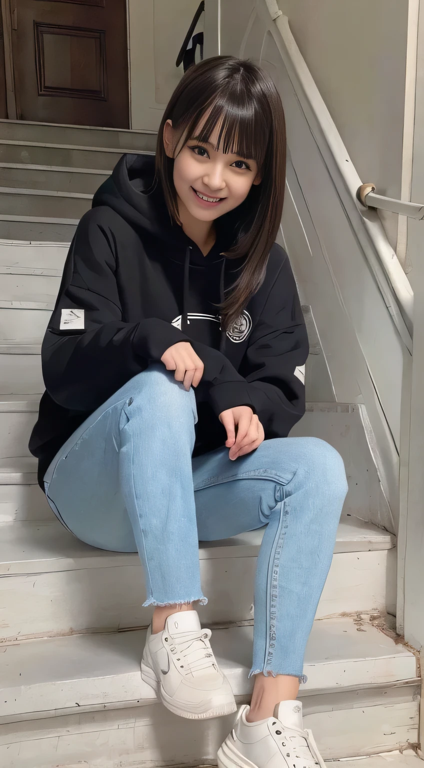 highest quality, Realistic, Very detailed, Finer details, High resolution, 8k wallpaper, One beautiful woman,Sit on the stairs、（Wear black socks）smile、（Beautiful teeth alignment、）（Gums are visible） Oversized hoodie, Skinny jeans,（ Black sneakers）、Black Hair、 Beautiful Bangs、ear piercing、Perfect dynamic composition, Beautiful and detailed, Full Body Shot, A big smile brown hair