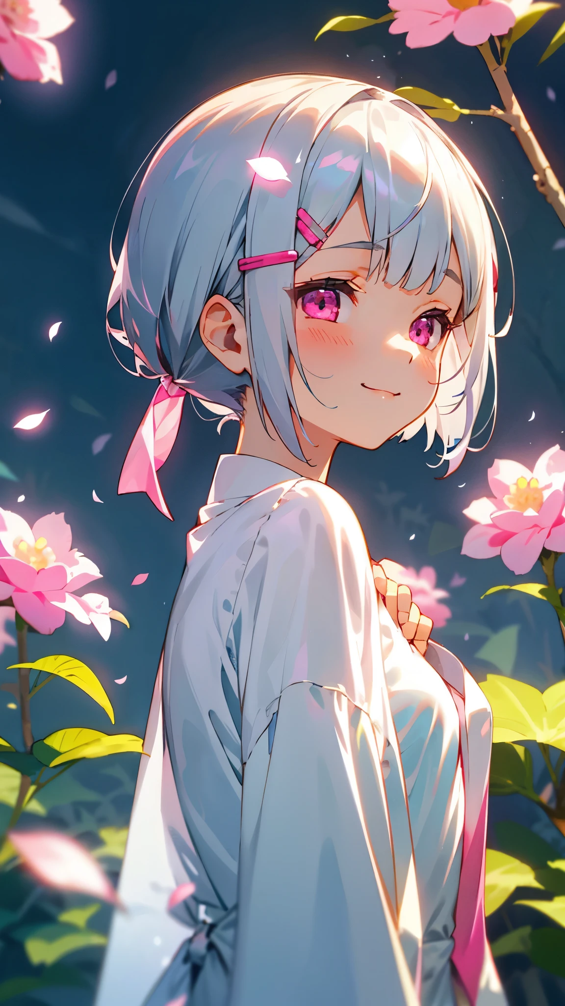 1 girl、Small breasts、Silver hair and short bob hairstyle、Tie your hair up with a hair clip、Glowing pink round eyes、From the side、Wicked Smile、1 beautiful delicate portrait of a girl with a soft and peaceful expression、The background is a garden with petals falling..。