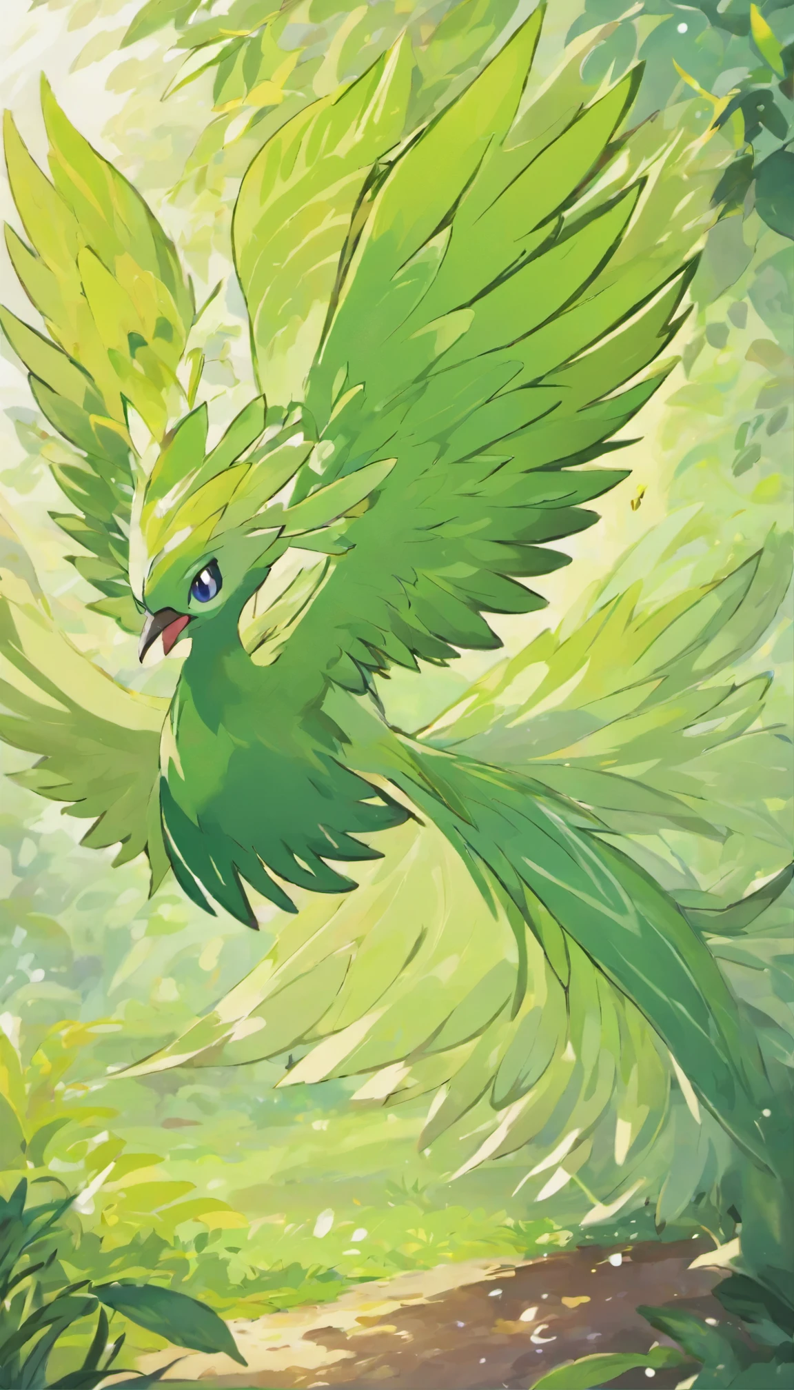 Beryllium Phoenix。They live mainly in high mountain and volcanic areas.。The body length is about 3 meters。Weight: about 200 kilograms。Its exterior is covered in shiny green feathers.、Has a long tail and a sharp beak。Their diet consists mainly of minerals.、They sometimes eat small birds and reptiles.。If you witnessed、I was so fascinated by its beauty that I didn't go near it.、Quiet observation is encouraged。