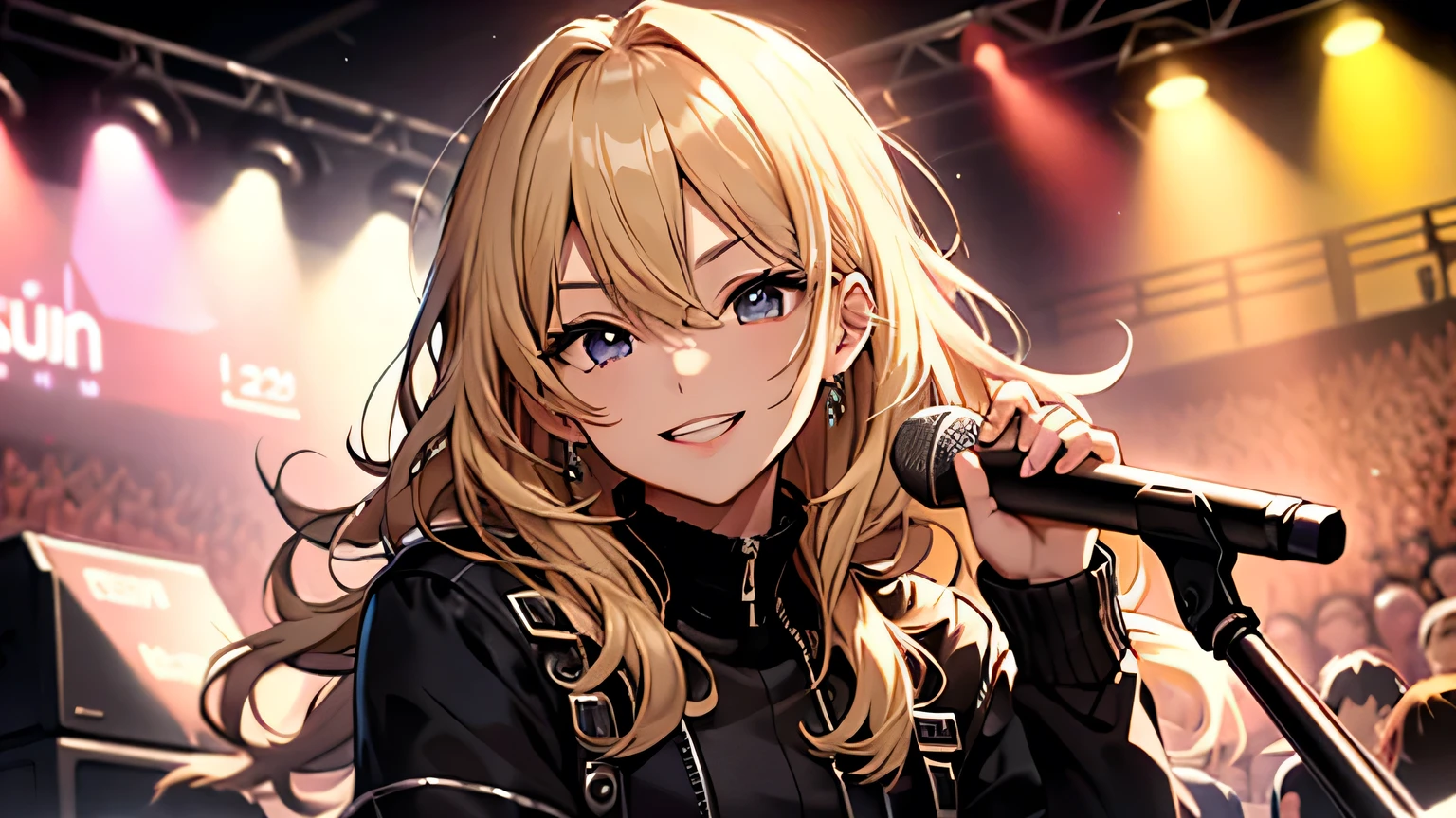((highest quality)), ((masterpiece)), (detailed), Perfect Face、live house、vocal、Mike stand、blonde、Smooth Hair、shout、whole body、rock band、smile、