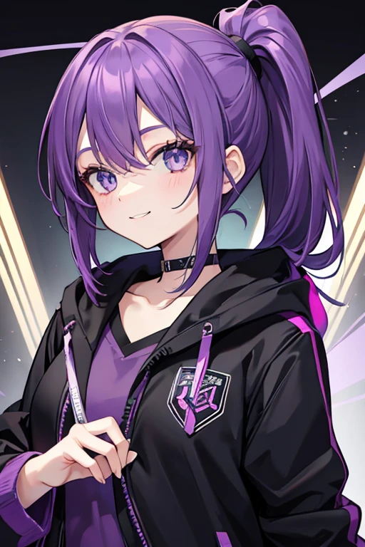 Purple Hair Half an eye masterpiece Low ponytail Female college student Black overcoat thin mysterious Suspicious smile whole body Mature